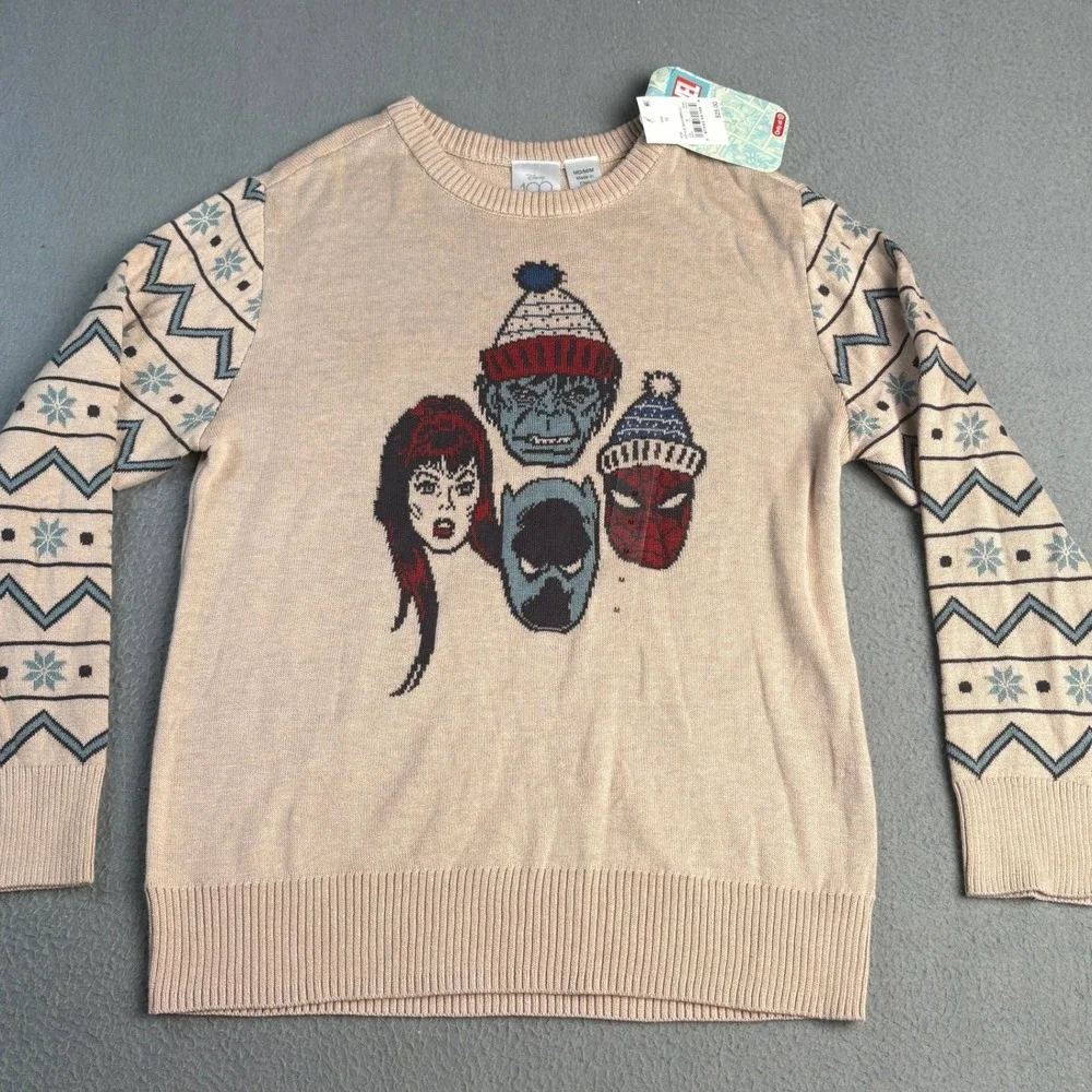 Disney 100 Marvel Super Heroes Holiday Sweater Tan Knit Mens Medium DS1V009YLC